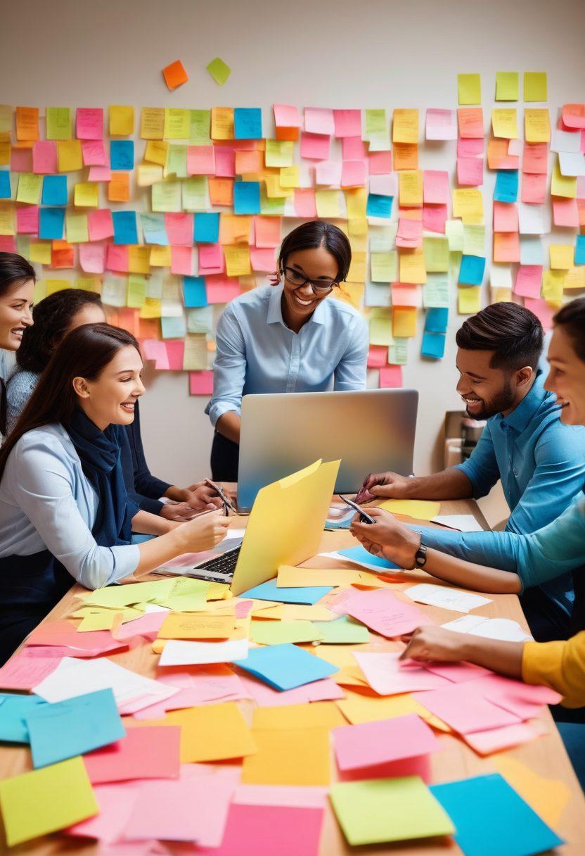 A vibrant scene depicting a diverse team engaged in a lively brainstorming session, surrounded by colorful sticky notes and creative tools, symbolizing innovative ideas. The atmosphere radiates joy and collaboration, showcasing a finished product with happy customers enjoying excellent service. Include subtle elements of technology, like laptops and digital screens, to suggest modern strategies. The background features soft, uplifting colors to evoke elation and positivity. super-realistic. vibrant colors. dynamic composition.