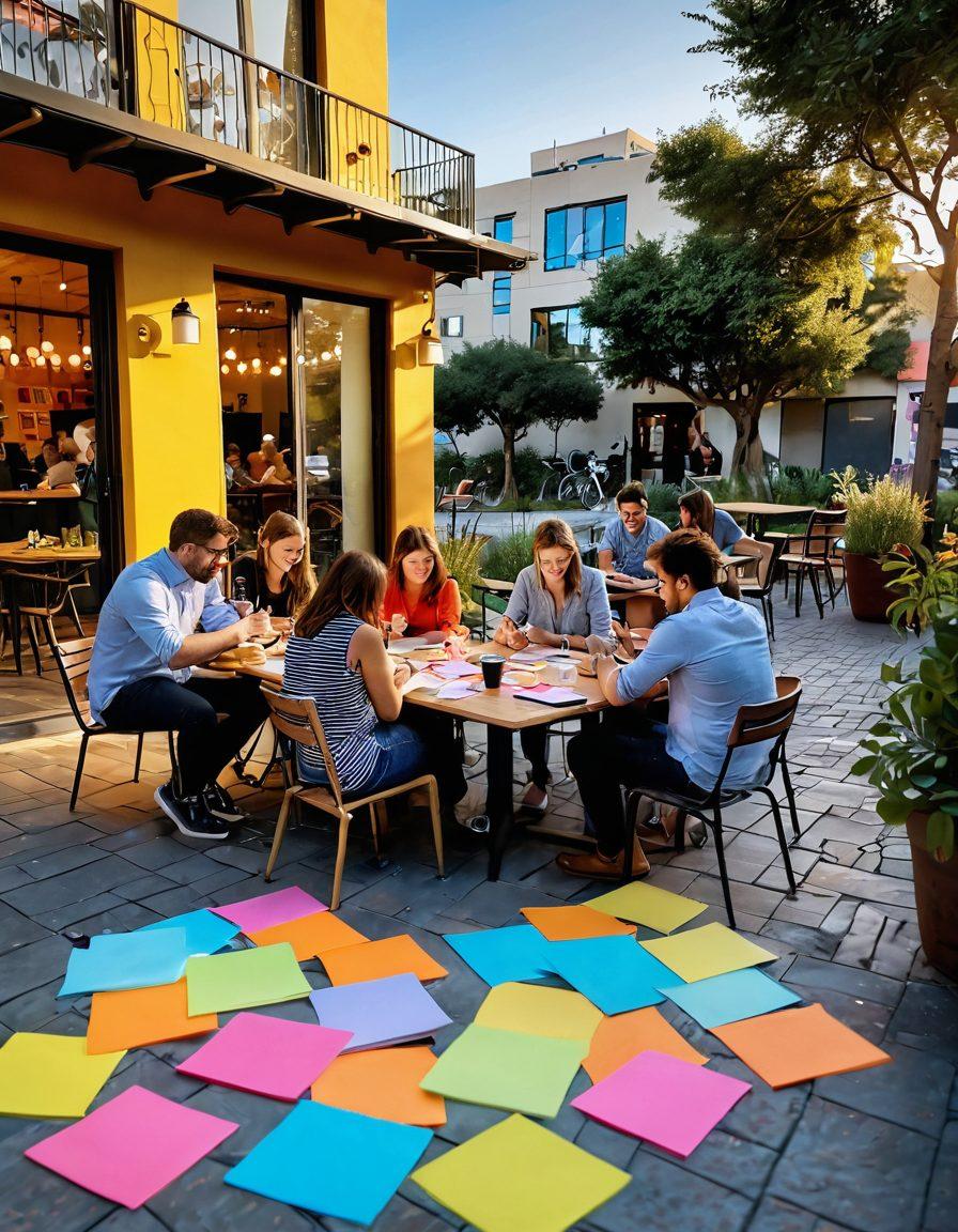 A serene landscape featuring a diverse team of designers collaboratively brainstorming ideas at a vibrant outdoor café. Colorful post-it notes and sketches are scattered around them, as they engage in animated discussions. In the background, a beautiful sunset highlights the joy of creativity, symbolizing the journey to crafting blissful service design. Incorporate elements of joy and connection among team members. super-realistic. vibrant colors. warm lighting.