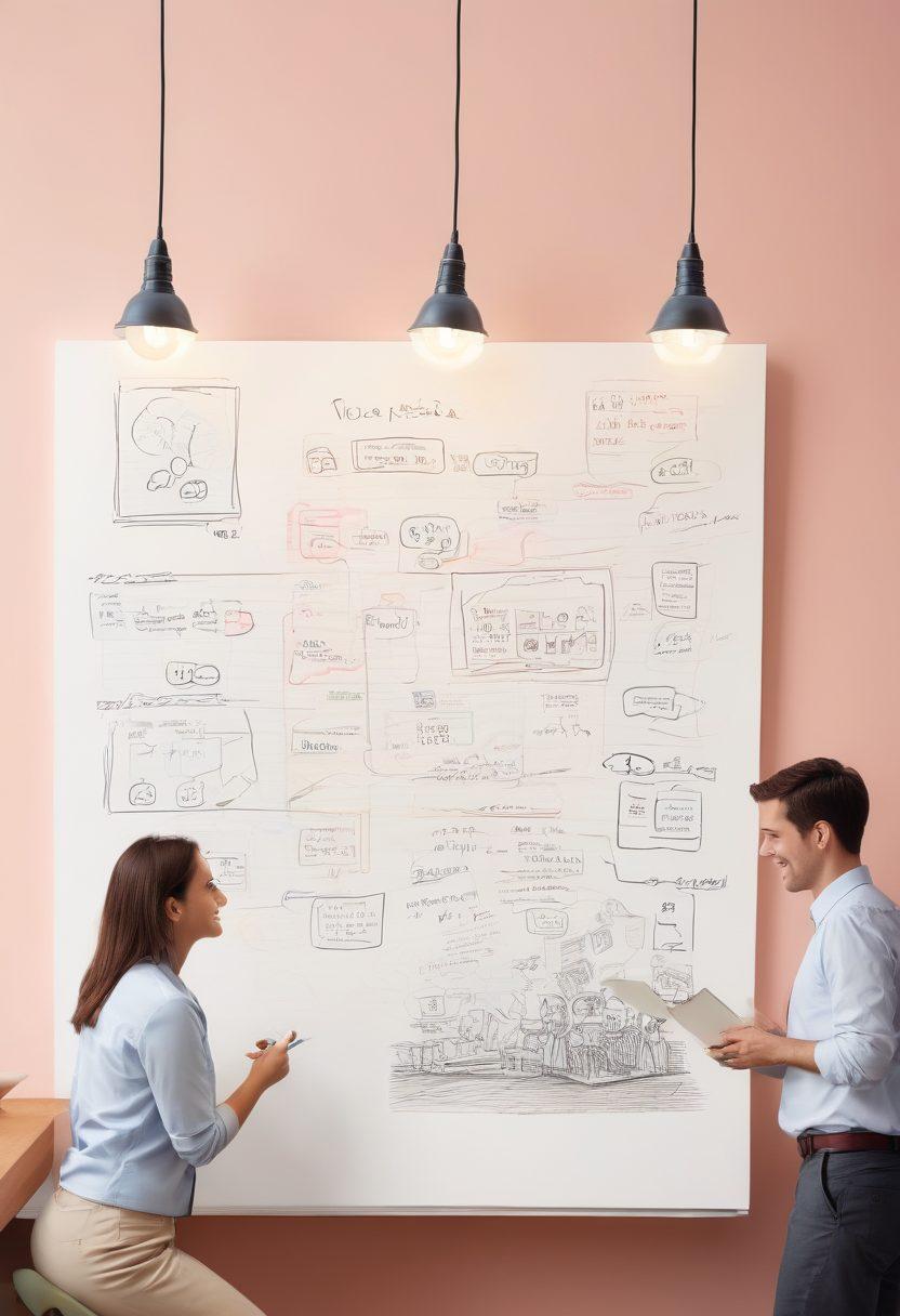 A serene split scene depicting a brainstorming session with sketches of service concepts on one side, transitioning into a satisfied customer using a developed service on the other side. Include lightbulbs for ideas, notebooks, and happy faces, emphasizing the theme of growth and satisfaction. Text elements with inspiring quotes about service elevation can be subtly integrated in the background. soft focus. pastel colors. modern illustration.